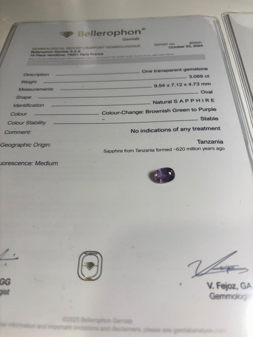 NATURAL COLOR-CHANGE SAPPHIRE – 3.07 CT OVAL CUT · TANZANIA · BELLEROPHON CERTIFIED · NO TREATMENT
