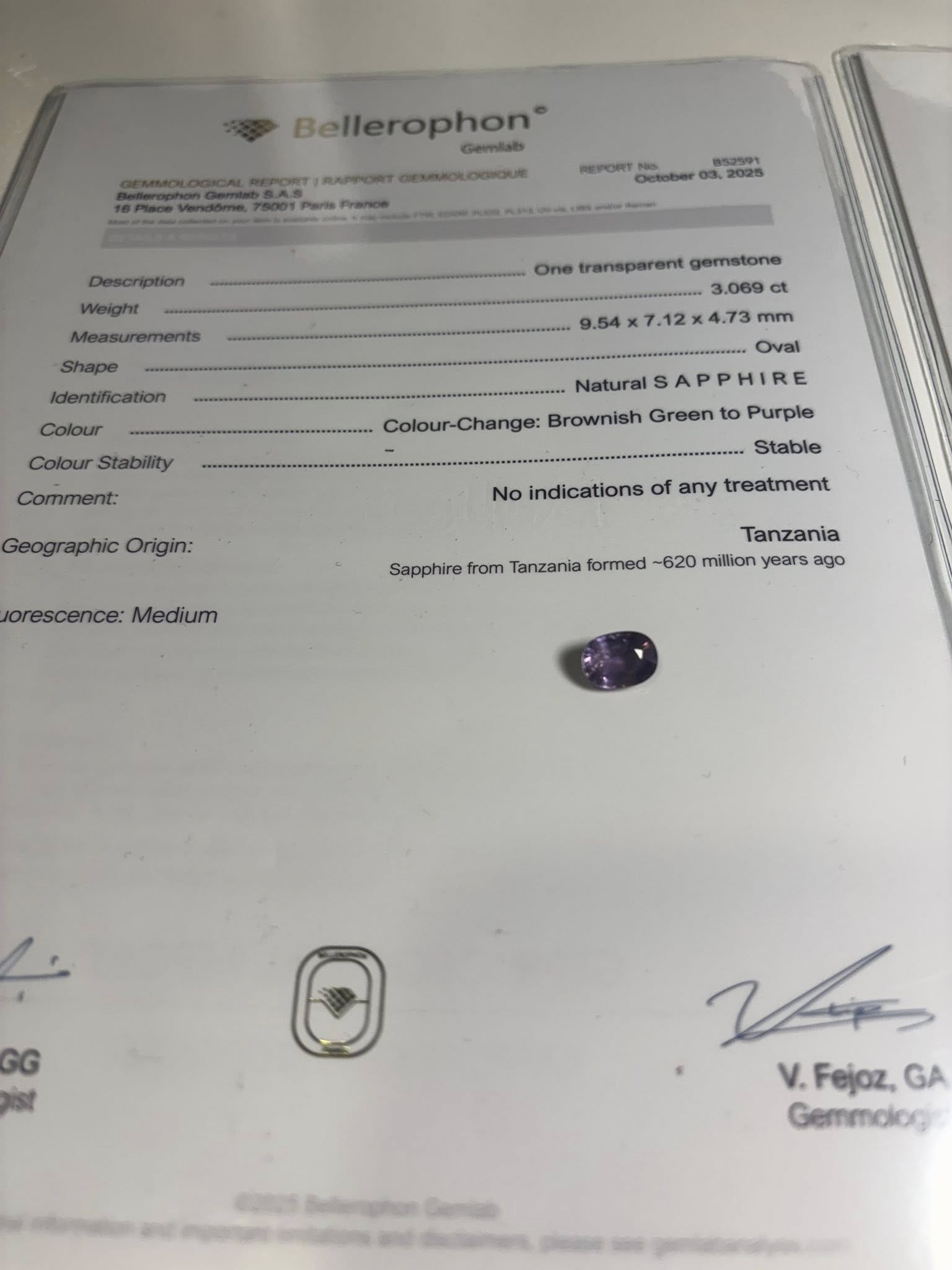 NATURAL COLOR-CHANGE SAPPHIRE – 3.07 CT OVAL CUT · TANZANIA · BELLEROPHON CERTIFIED · NO TREATMENT