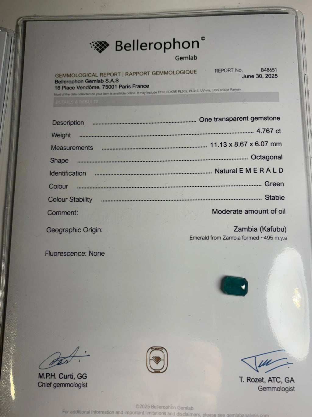 NATURAL ZAMBIAN EMERALD – 4.77 CT OCTAGONAL CUT · ZAMBIA (KAFUBU) · BELLEROPHON CERTIFIED · VIDEO INCLUDED