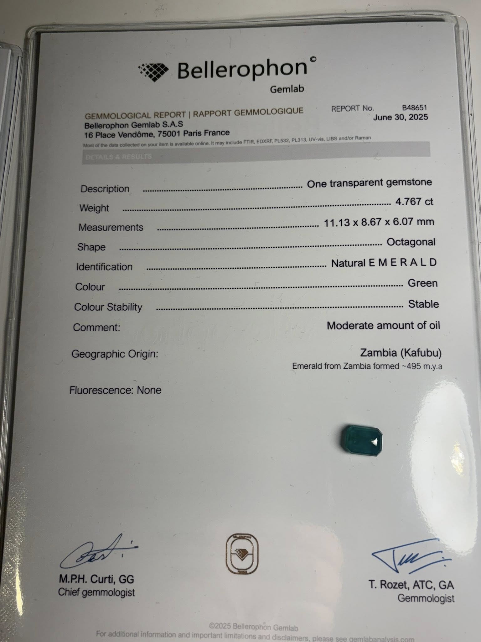 NATURAL ZAMBIAN EMERALD – 4.77 CT OCTAGONAL CUT · ZAMBIA (KAFUBU) · BELLEROPHON CERTIFIED · VIDEO INCLUDED