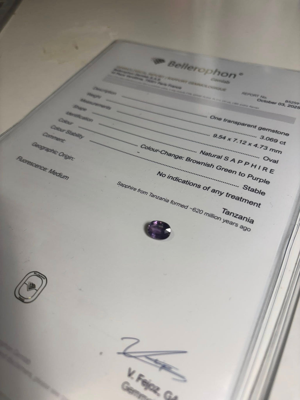 NATURAL COLOR-CHANGE SAPPHIRE – 3.07 CT OVAL CUT · TANZANIA · BELLEROPHON CERTIFIED · NO TREATMENT