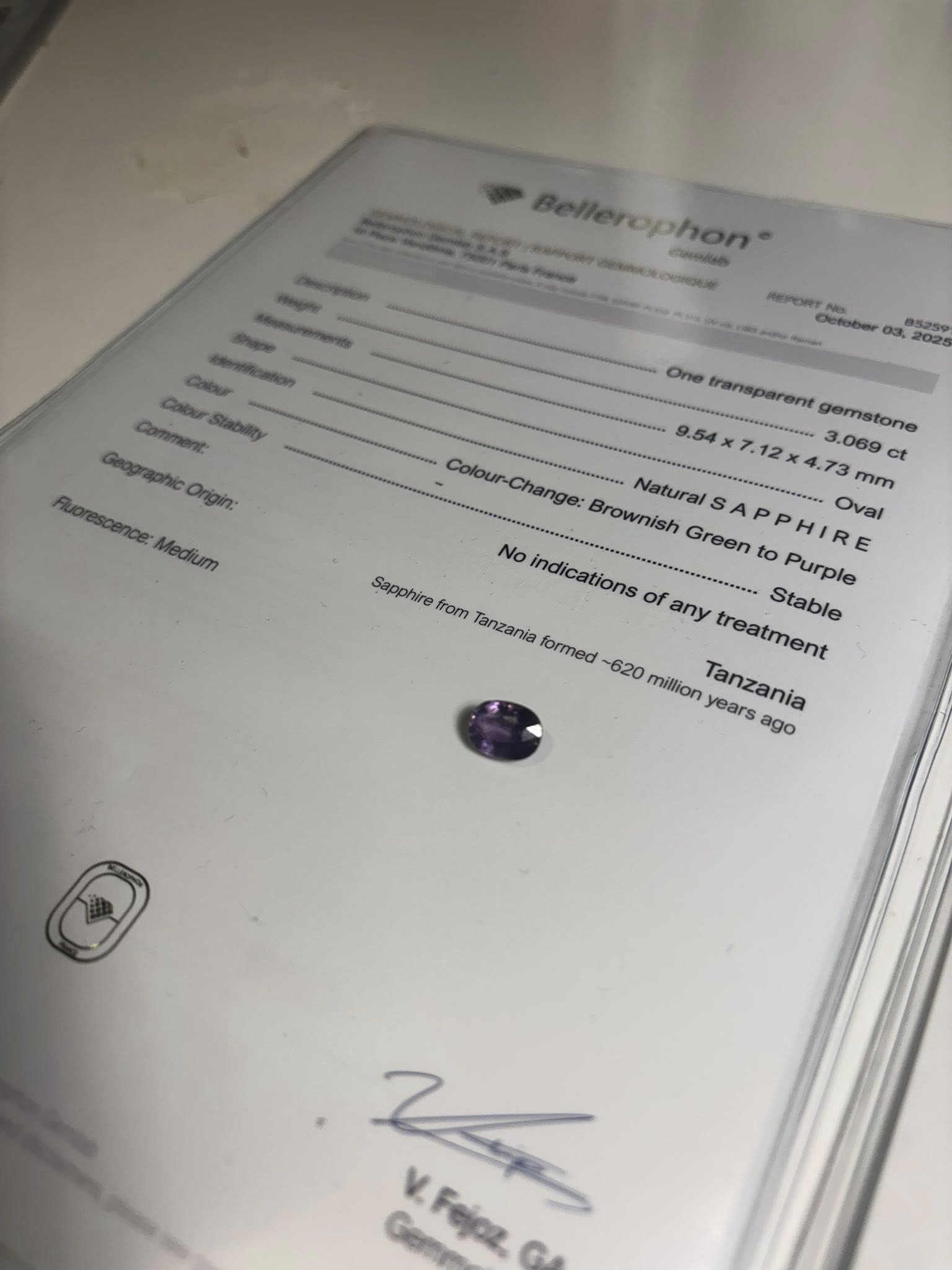 NATURAL COLOR-CHANGE SAPPHIRE – 3.07 CT OVAL CUT · TANZANIA · BELLEROPHON CERTIFIED · NO TREATMENT