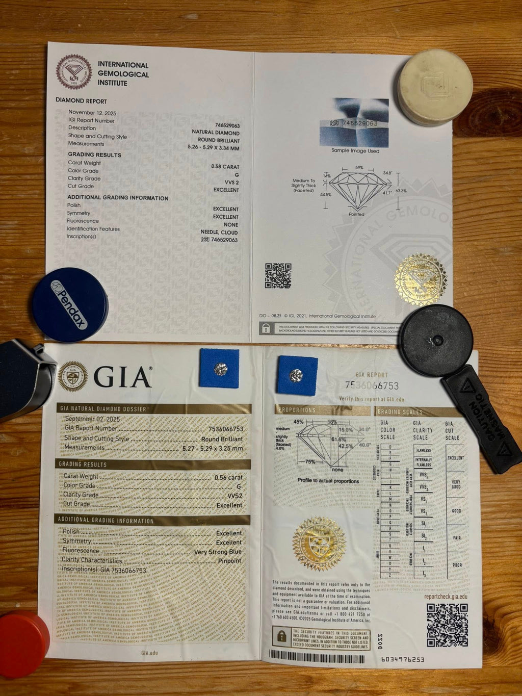 MATCHING PAIR – 1.14 CT TOTAL WEIGHT · ROUND BRILLIANT · G / VVS2 · GIA & IGI CERTIFIED · LASER-VERIFIED