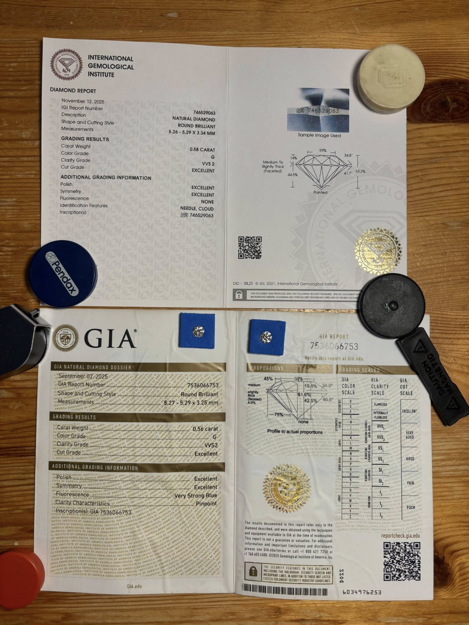 MATCHING PAIR – 1.14 CT TOTAL WEIGHT · ROUND BRILLIANT · G / VVS2 · GIA & IGI CERTIFIED · LASER-VERIFIED