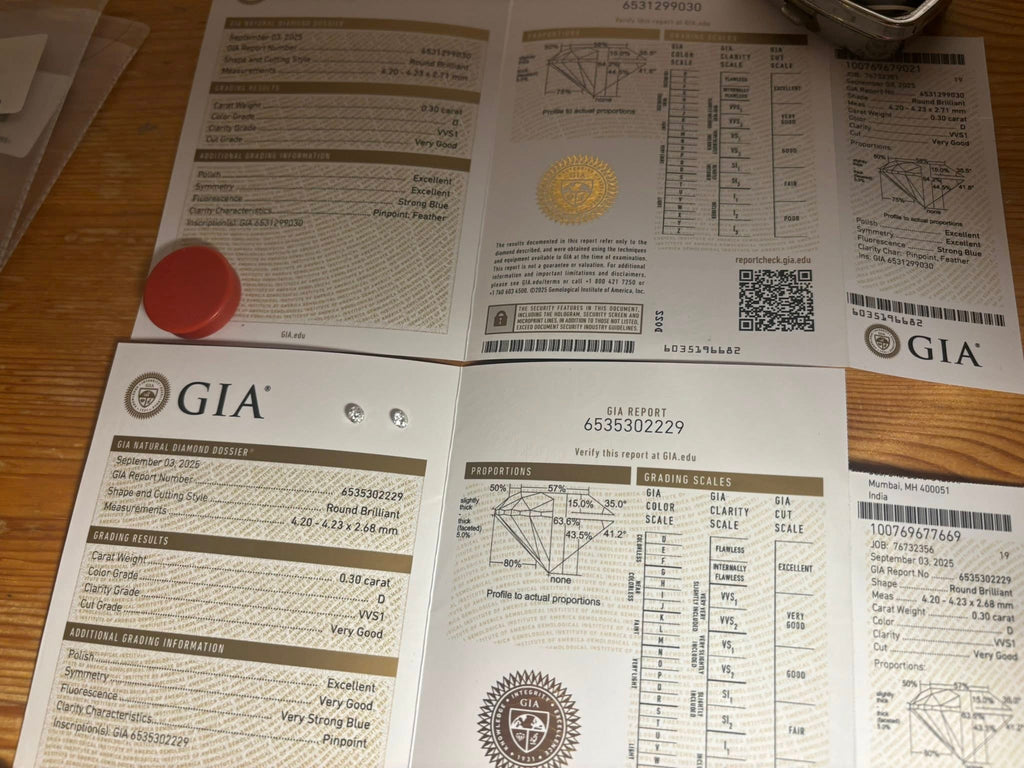 Matching Pair Natural Diamonds – 0.60 ct Total (0.30 ct Each) – Round Brilliant – D / VVS1 – GIA Certified & Laser Inscribed