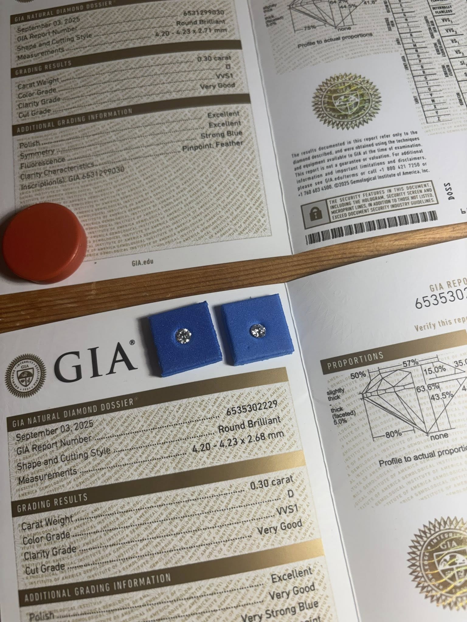 Matching Pair Natural Diamonds – 0.60 ct Total (0.30 ct Each) – Round Brilliant – D / VVS1 – GIA Certified & Laser Inscribed