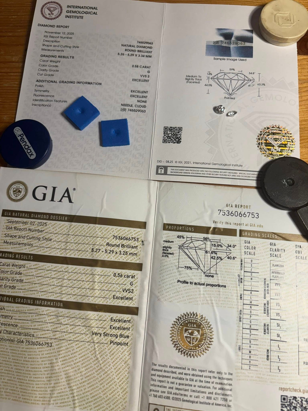 MATCHING PAIR – 1.14 CT TOTAL WEIGHT · ROUND BRILLIANT · G / VVS2 · GIA & IGI CERTIFIED · LASER-VERIFIED