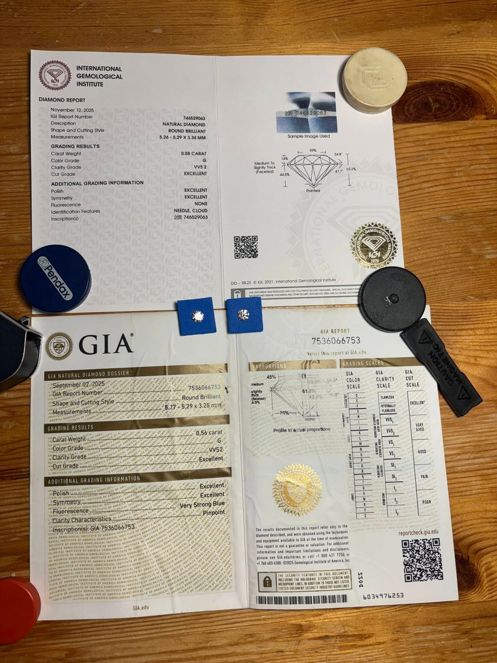 MATCHING PAIR – 1.14 CT TOTAL WEIGHT · ROUND BRILLIANT · G / VVS2 · GIA & IGI CERTIFIED · LASER-VERIFIED