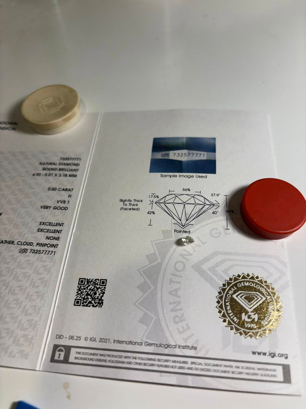 NATURAL DIAMOND – 0.50 CT ROUND BRILLIANT · H / VVS1 · IGI CERTIFIED · LASER-VERIFIED