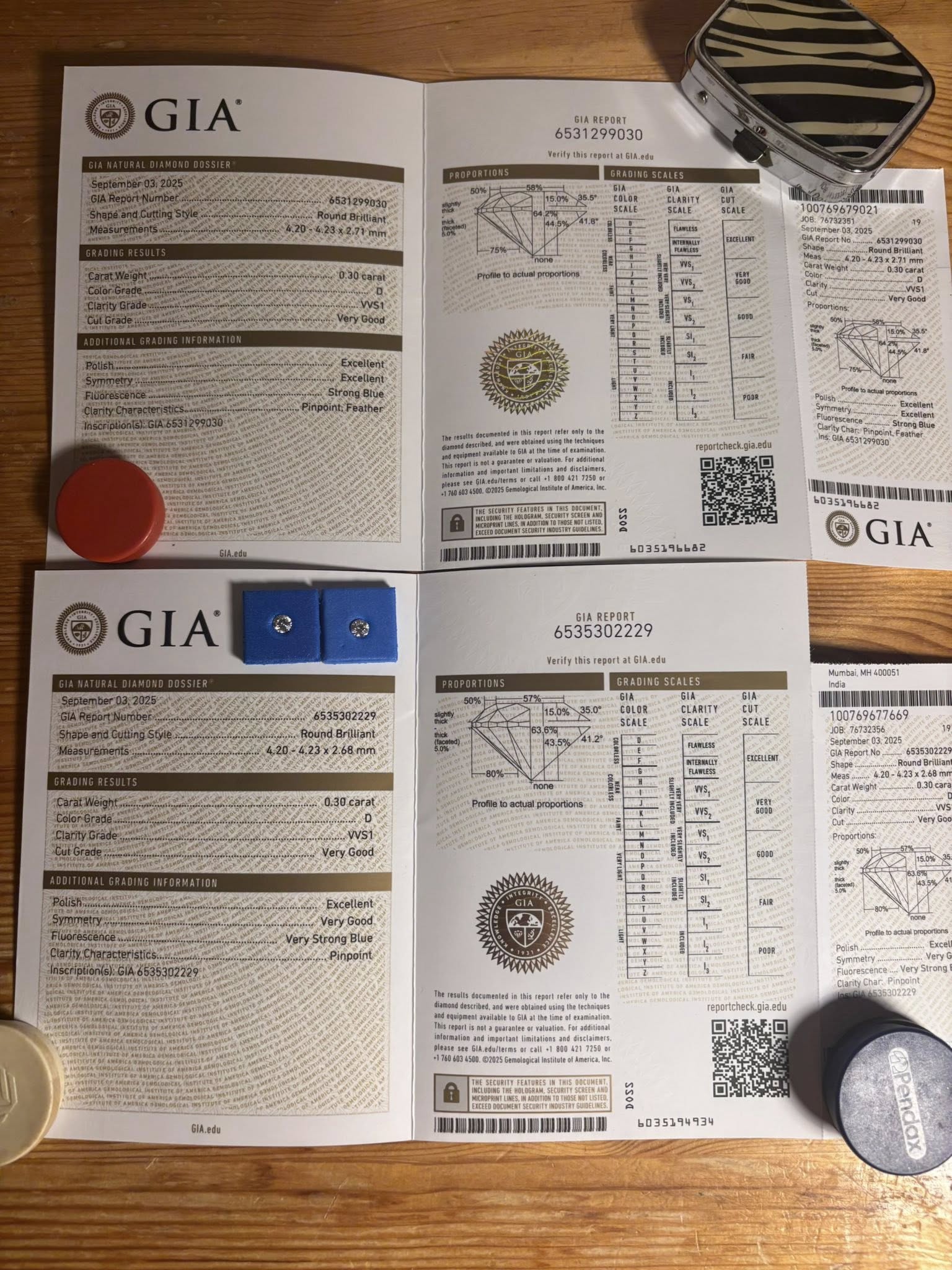 Matching Pair Natural Diamonds – 0.60 ct Total (0.30 ct Each) – Round Brilliant – D / VVS1 – GIA Certified & Laser Inscribed