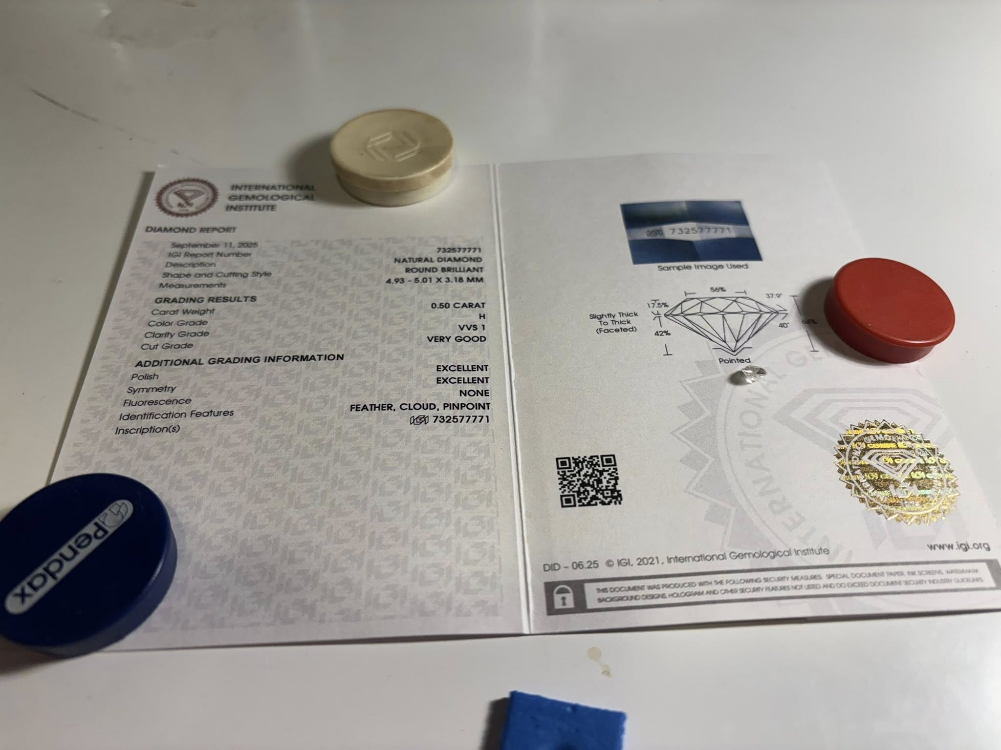 NATURAL DIAMOND – 0.50 CT ROUND BRILLIANT · H / VVS1 · IGI CERTIFIED · LASER-VERIFIED