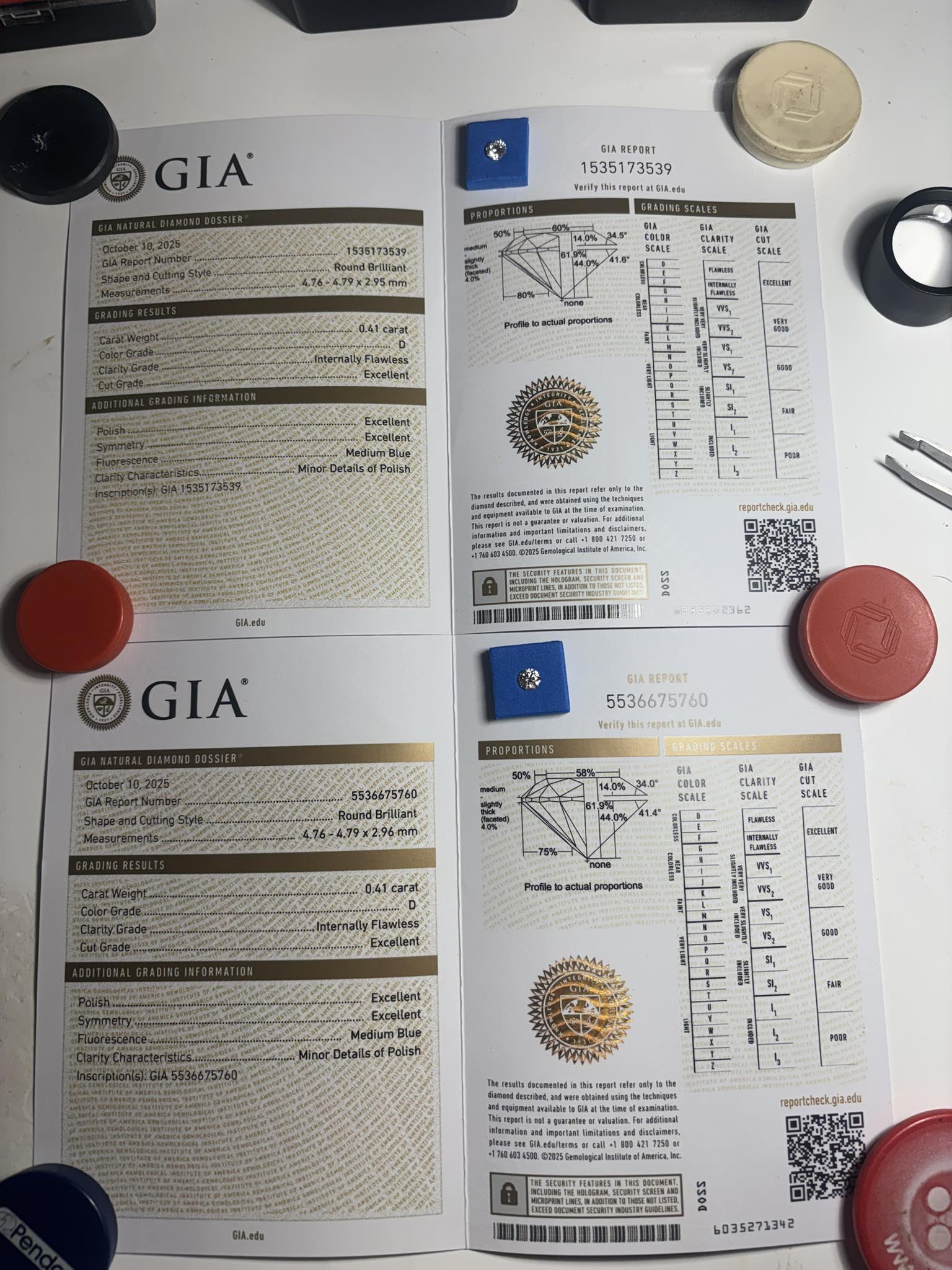 Exclusively matched pair of natural diamonds – 0.82 ct total (D / IF, Triple Excellent)