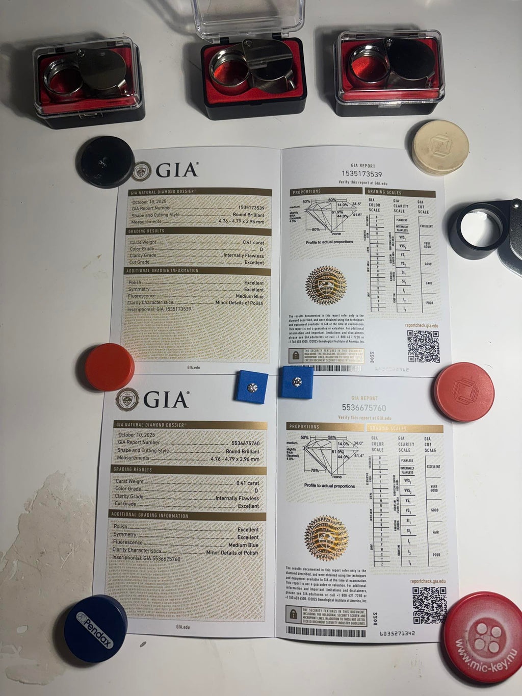 Exclusively matched pair of natural diamonds – 0.82 ct total (D / IF, Triple Excellent)