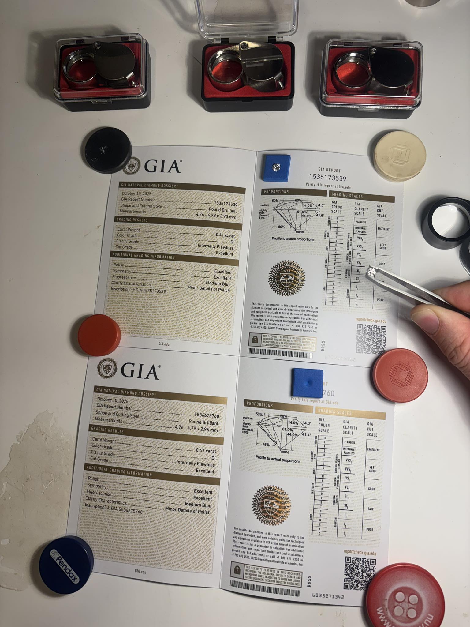 Exclusively matched pair of natural diamonds – 0.82 ct total (D / IF, Triple Excellent)