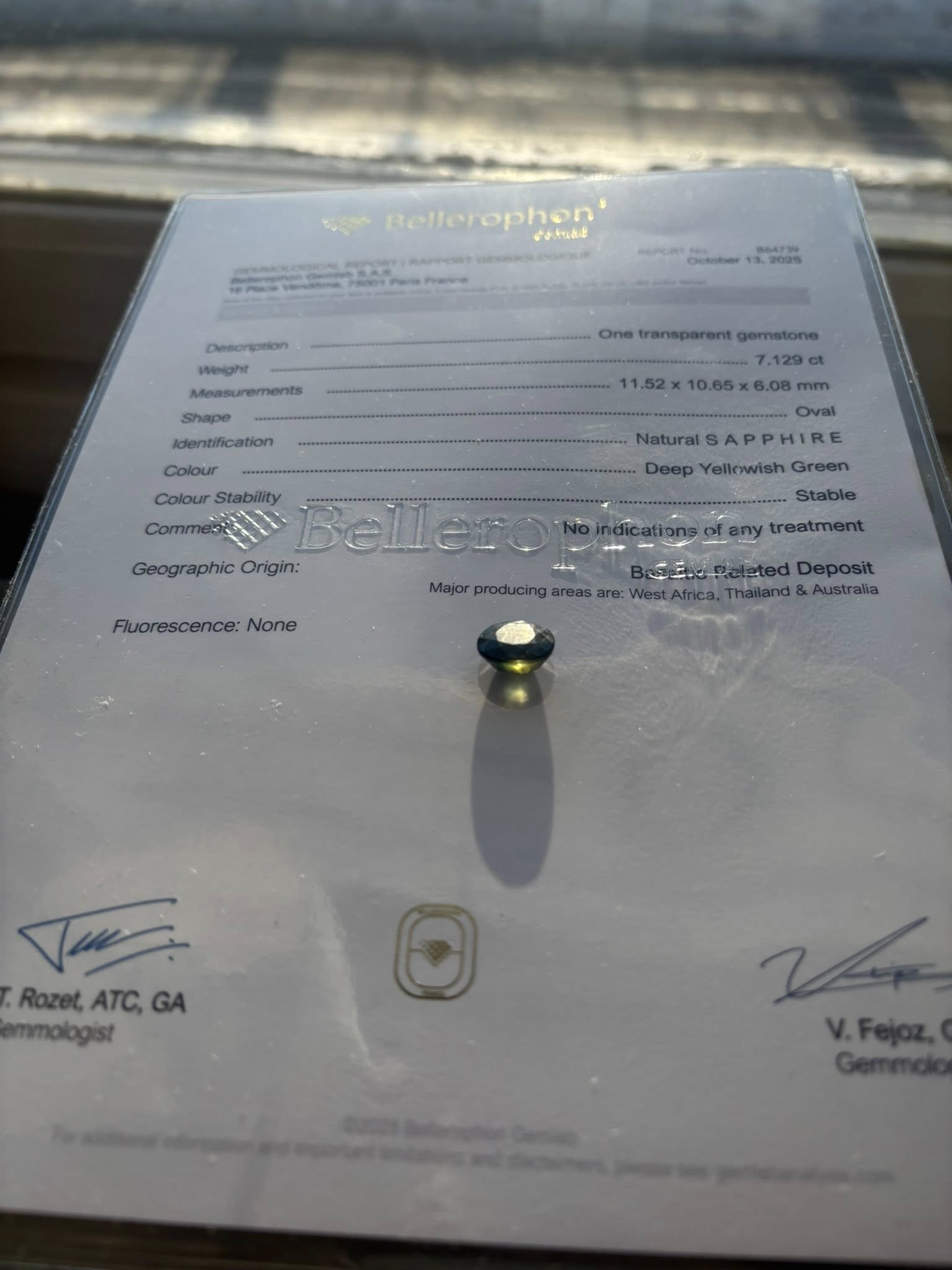 Untreated Natural Yellow-Green Sapphire 7.129 ct – Bellerophon Certified