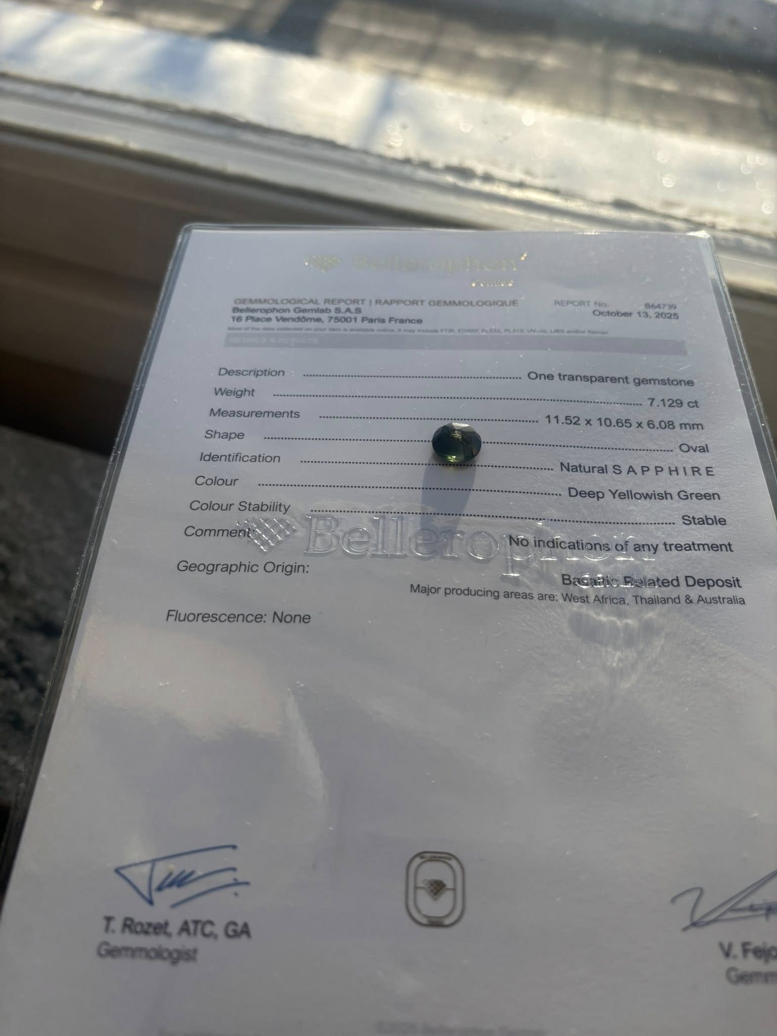 Untreated Natural Yellow-Green Sapphire 7.129 ct – Bellerophon Certified