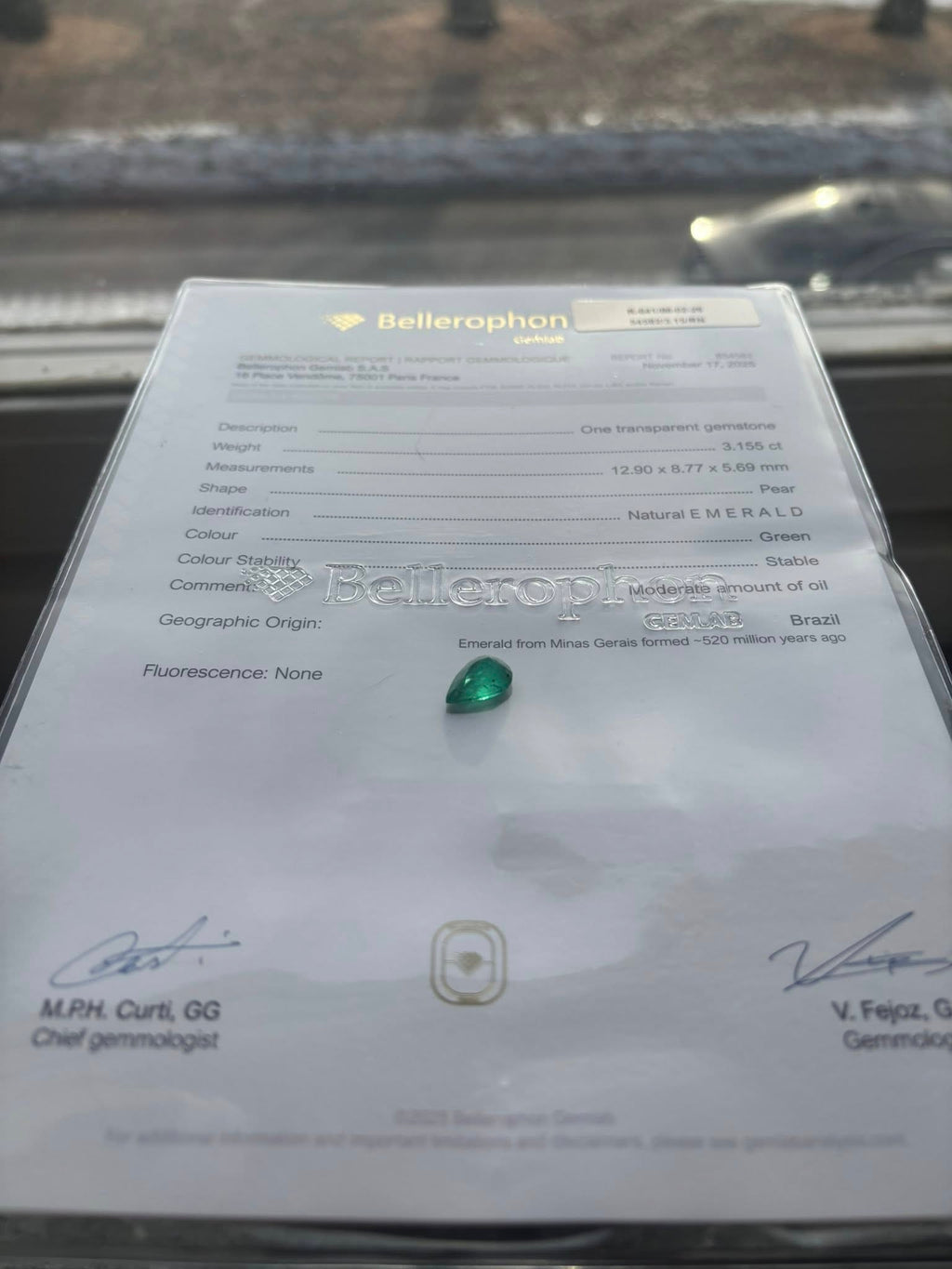 Natural Emerald 3.155 ct – Pear Cut – Bellerophon Certified
