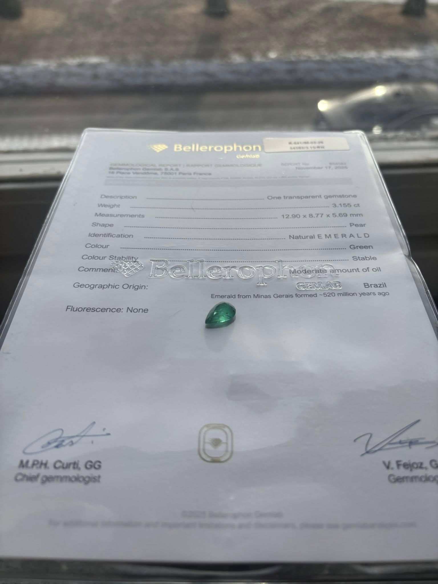 Natural Emerald 3.155 ct – Pear Cut – Bellerophon Certified