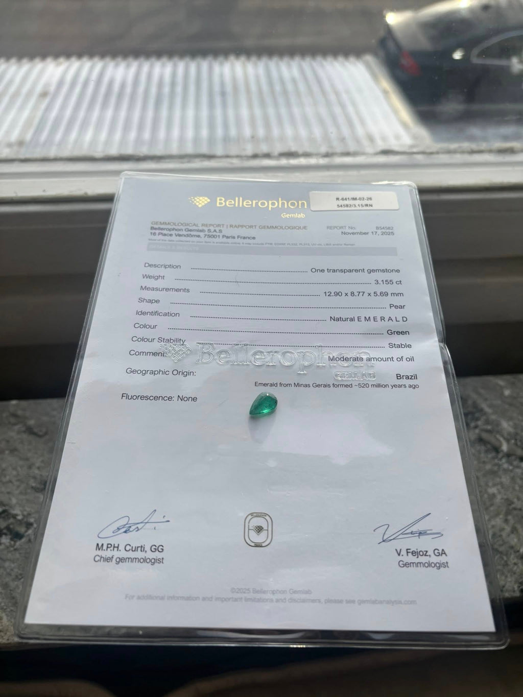 Natural Emerald 3.155 ct – Pear Cut – Bellerophon Certified