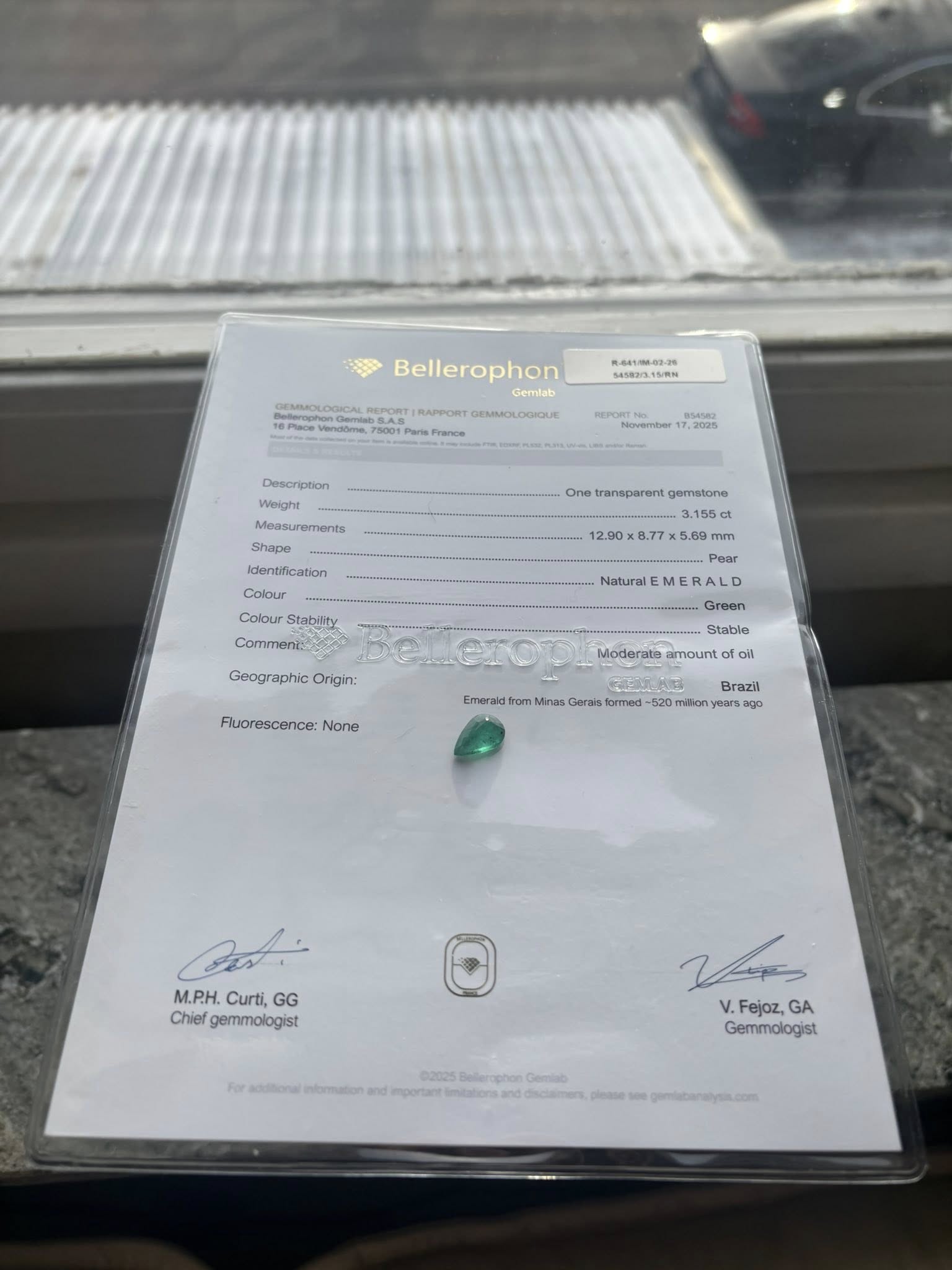 Natural Emerald 3.155 ct – Pear Cut – Bellerophon Certified