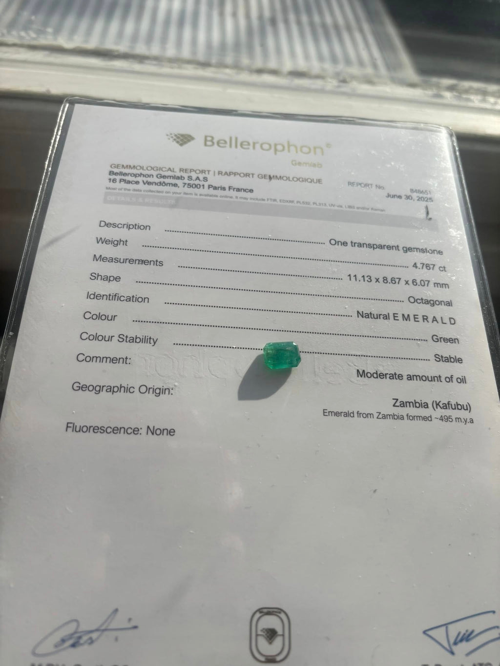 NATURAL ZAMBIAN EMERALD – 4.77 CT OCTAGONAL CUT · ZAMBIA (KAFUBU) · BELLEROPHON CERTIFIED · VIDEO INCLUDED