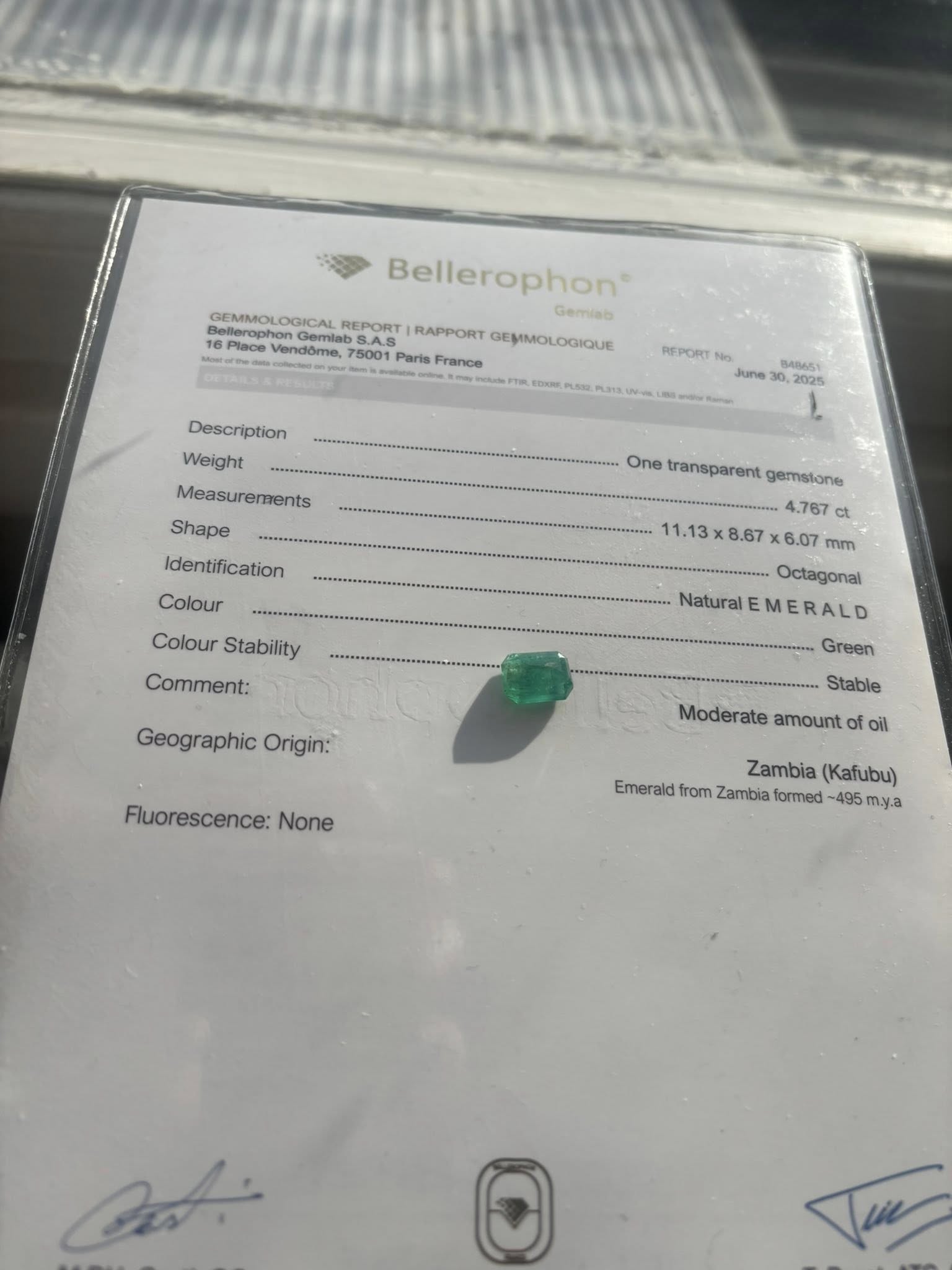 NATURAL ZAMBIAN EMERALD – 4.77 CT OCTAGONAL CUT · ZAMBIA (KAFUBU) · BELLEROPHON CERTIFIED · VIDEO INCLUDED