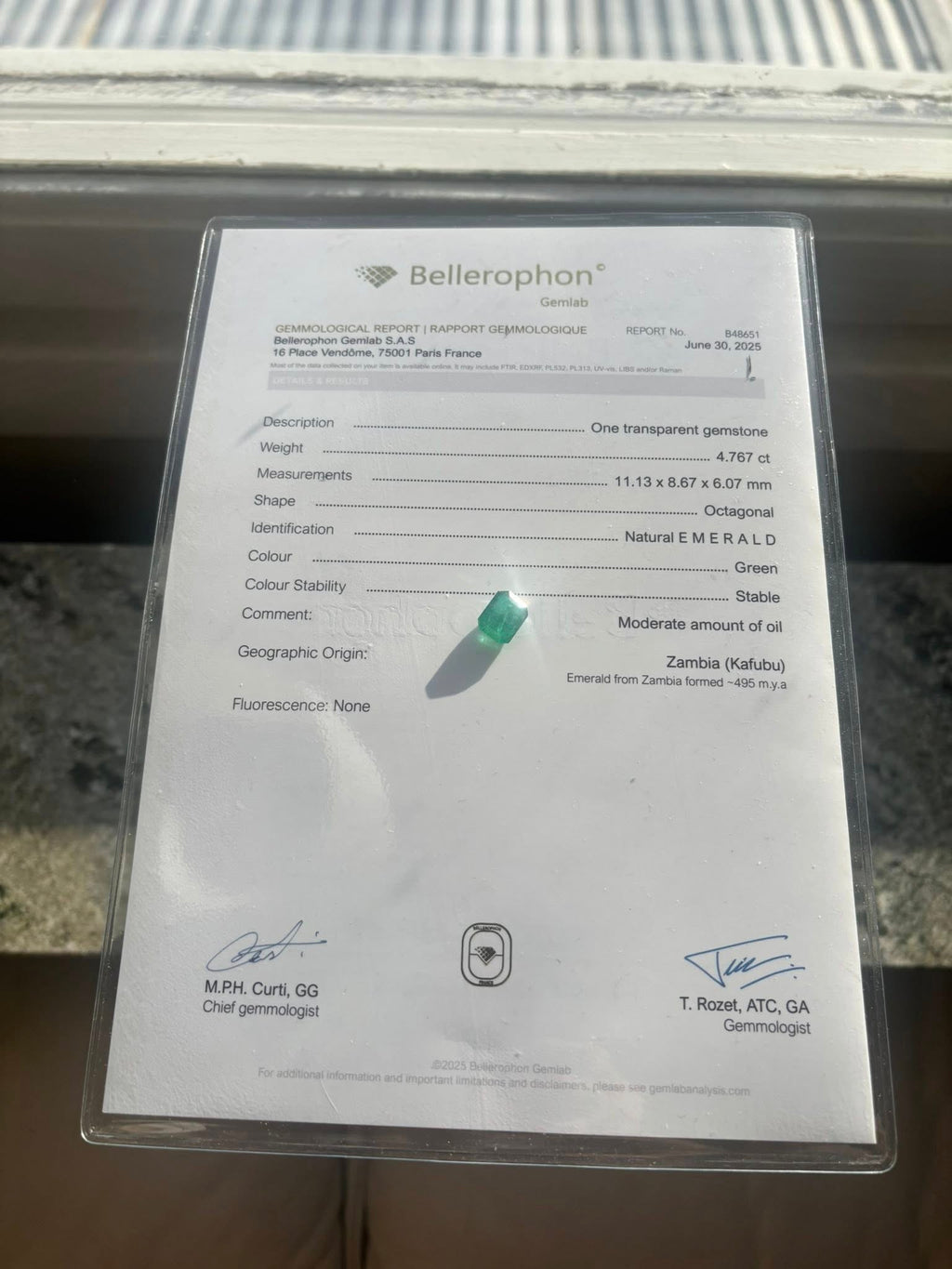 NATURAL ZAMBIAN EMERALD – 4.77 CT OCTAGONAL CUT · ZAMBIA (KAFUBU) · BELLEROPHON CERTIFIED · VIDEO INCLUDED