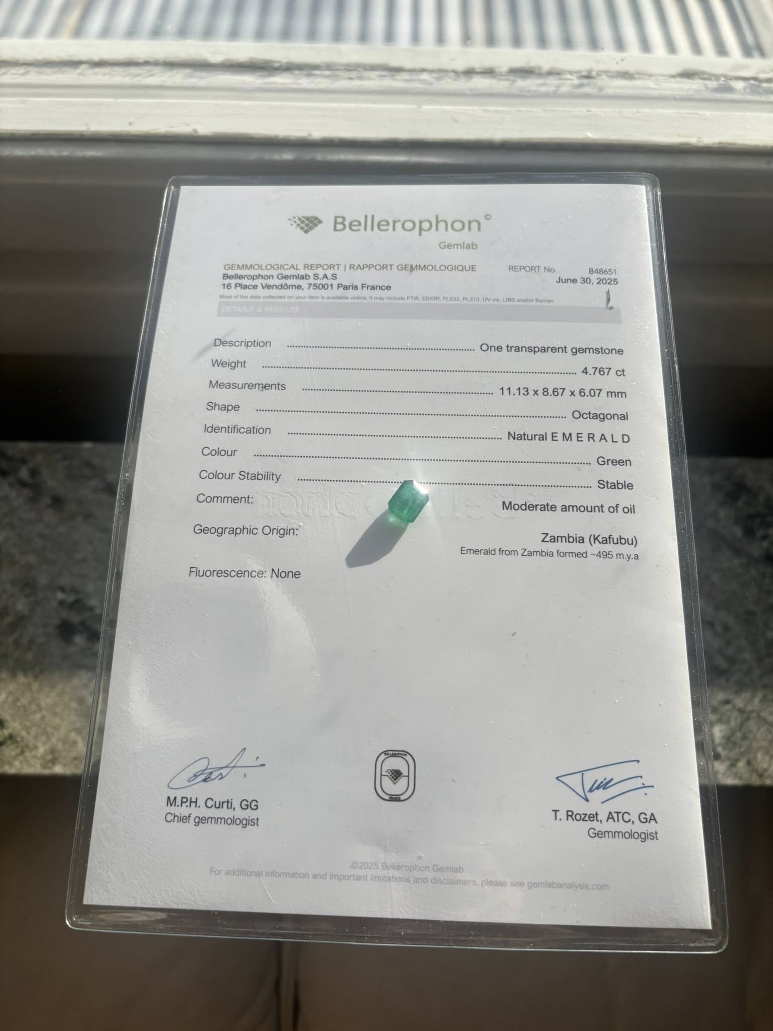 NATURAL ZAMBIAN EMERALD – 4.77 CT OCTAGONAL CUT · ZAMBIA (KAFUBU) · BELLEROPHON CERTIFIED · VIDEO INCLUDED