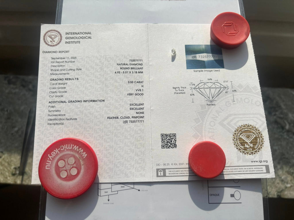 NATURAL DIAMOND – 0.50 CT ROUND BRILLIANT · H / VVS1 · IGI CERTIFIED · LASER-VERIFIED