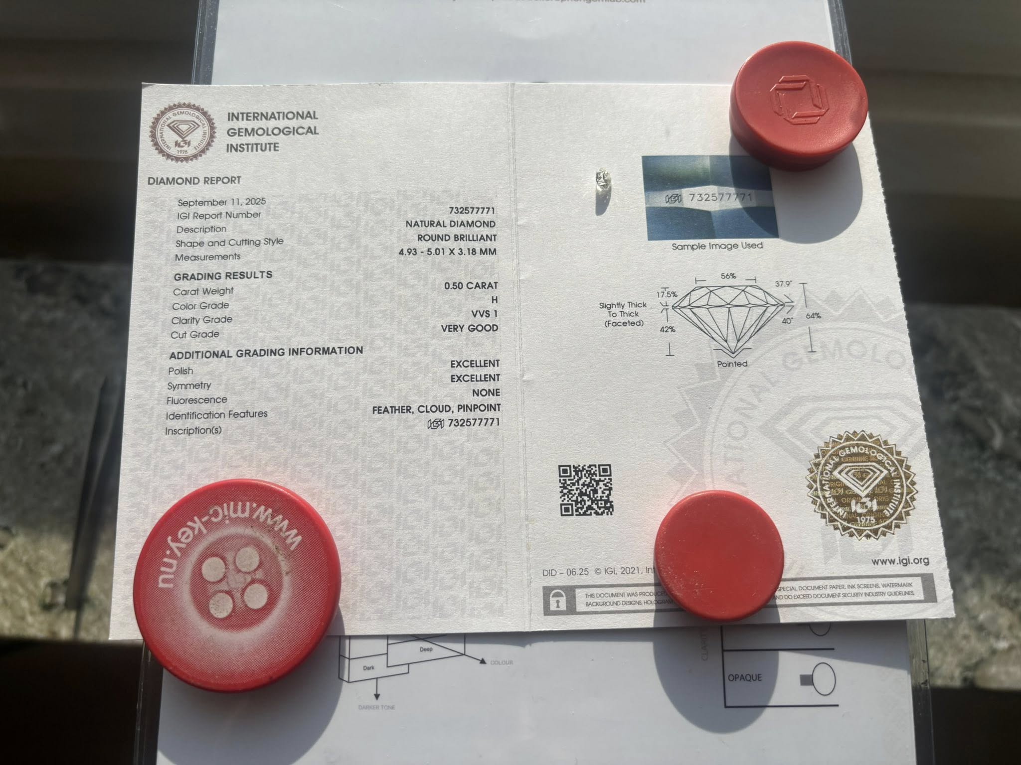 NATURAL DIAMOND – 0.50 CT ROUND BRILLIANT · H / VVS1 · IGI CERTIFIED · LASER-VERIFIED