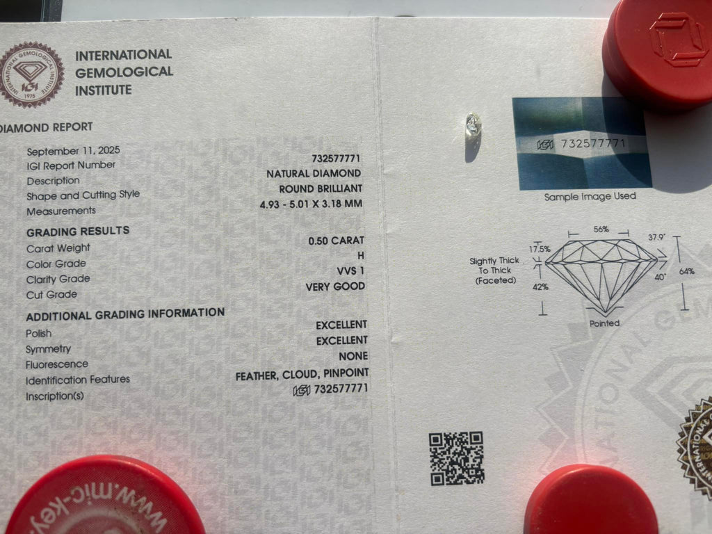 NATURAL DIAMOND – 0.50 CT ROUND BRILLIANT · H / VVS1 · IGI CERTIFIED · LASER-VERIFIED
