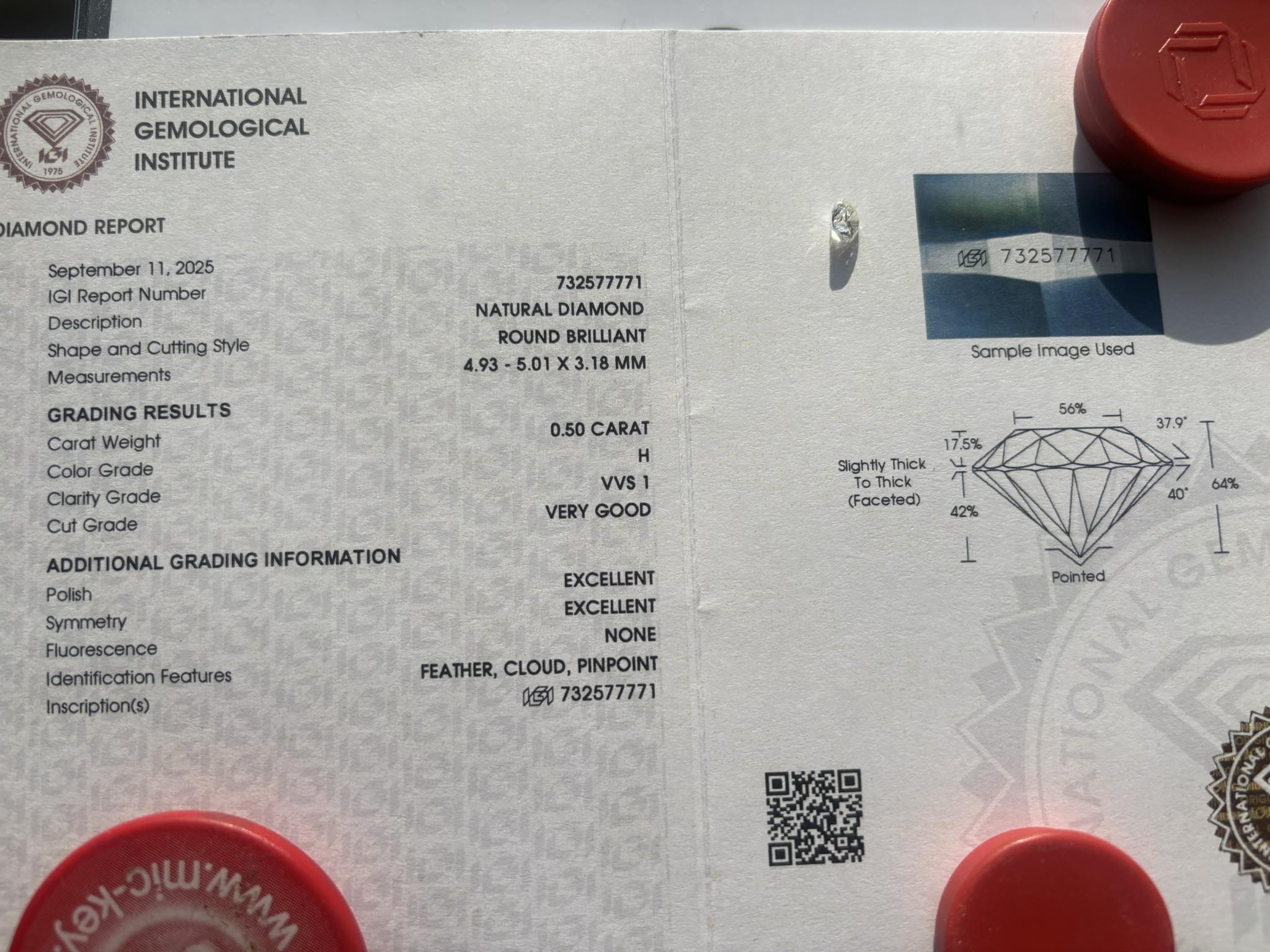 NATURAL DIAMOND – 0.50 CT ROUND BRILLIANT · H / VVS1 · IGI CERTIFIED · LASER-VERIFIED