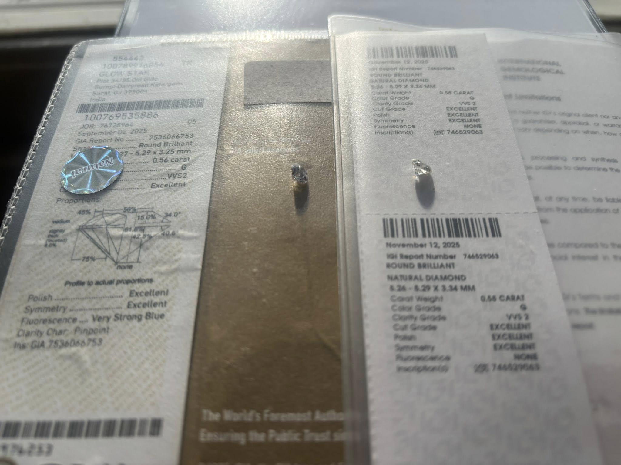 MATCHING PAIR – 1.14 CT TOTAL WEIGHT · ROUND BRILLIANT · G / VVS2 · GIA & IGI CERTIFIED · LASER-VERIFIED