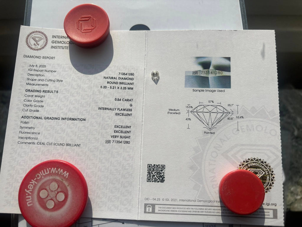 Natural Diamond 0.54 ct Round Brilliant – G / IF – 3EX – IGI Certified & Laser Inscribed