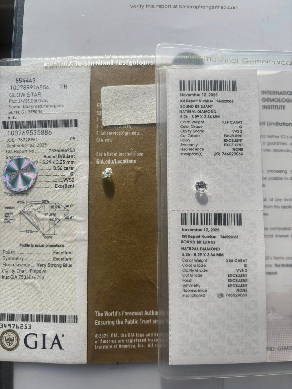 MATCHING PAIR – 1.14 CT TOTAL WEIGHT · ROUND BRILLIANT · G / VVS2 · GIA & IGI CERTIFIED · LASER-VERIFIED