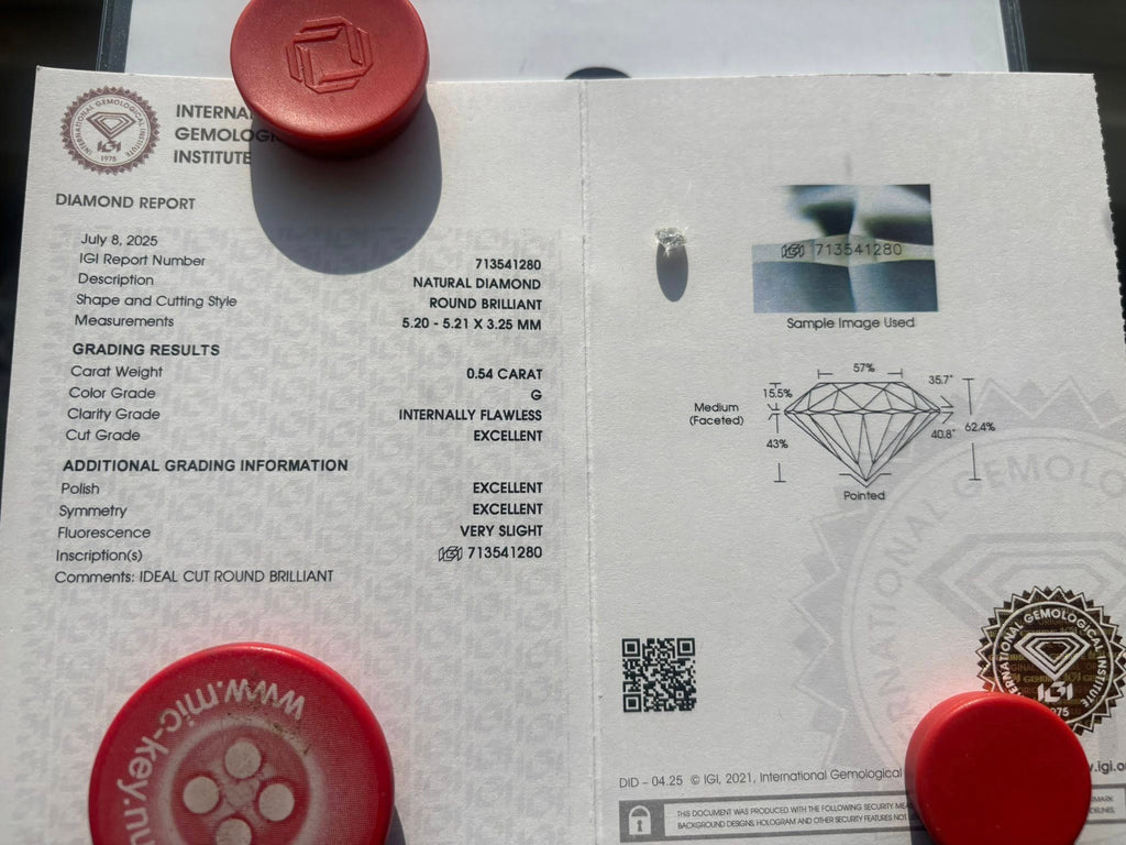 Natural Diamond 0.54 ct Round Brilliant – G / IF – 3EX – IGI Certified & Laser Inscribed