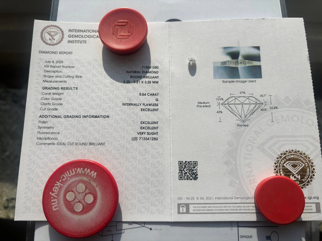 Natural Diamond 0.54 ct Round Brilliant – G / IF – 3EX – IGI Certified & Laser Inscribed