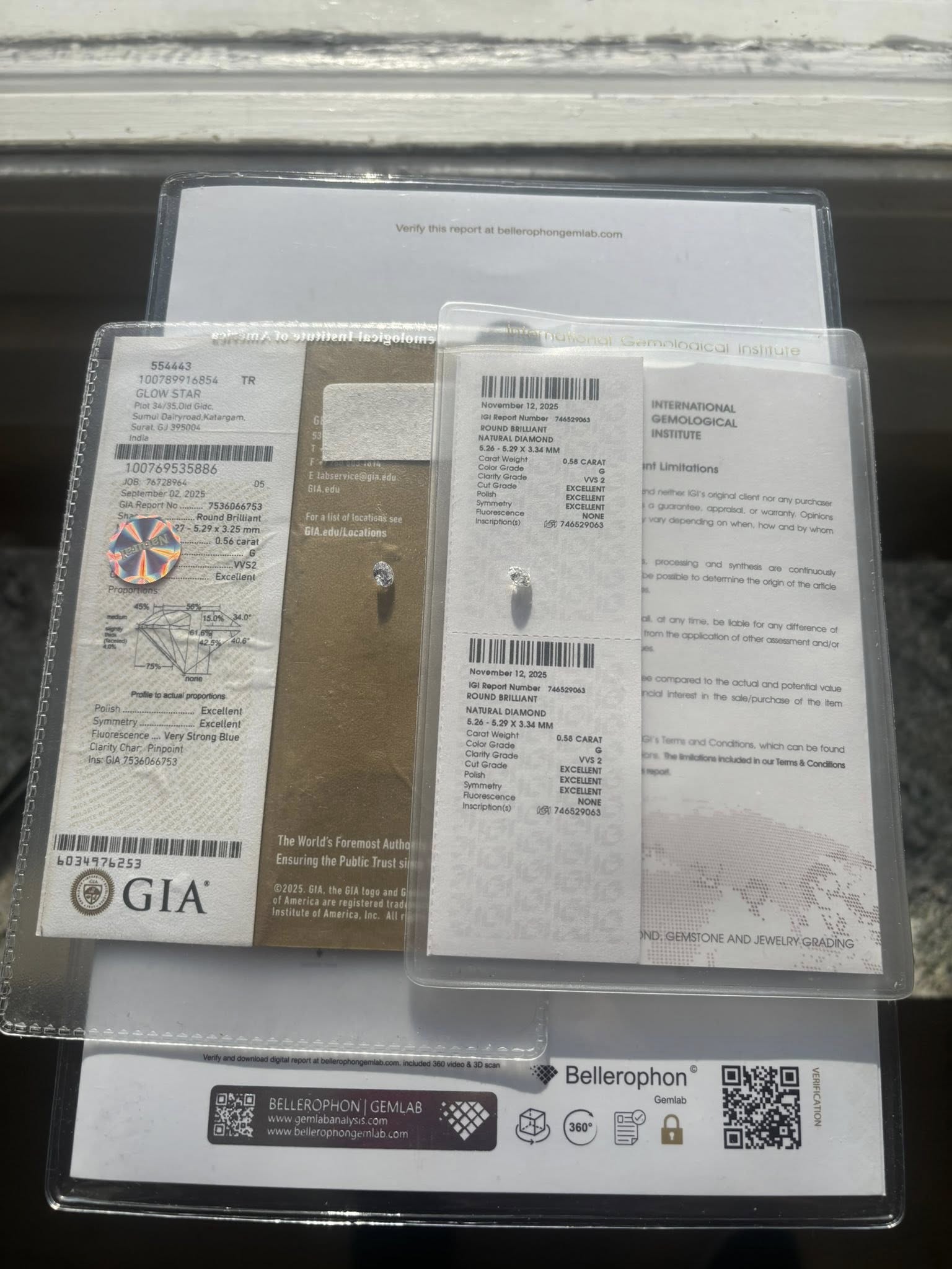 MATCHING PAIR – 1.14 CT TOTAL WEIGHT · ROUND BRILLIANT · G / VVS2 · GIA & IGI CERTIFIED · LASER-VERIFIED