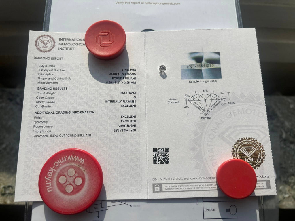 Natural Diamond 0.54 ct Round Brilliant – G / IF – 3EX – IGI Certified & Laser Inscribed