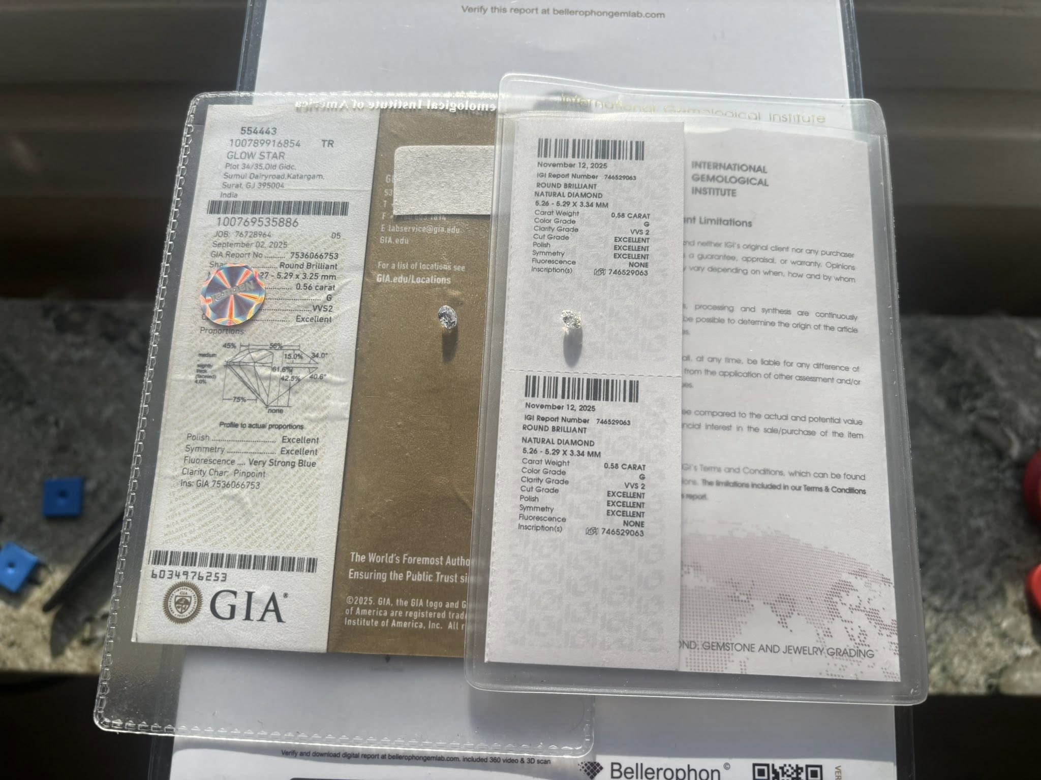 MATCHING PAIR – 1.14 CT TOTAL WEIGHT · ROUND BRILLIANT · G / VVS2 · GIA & IGI CERTIFIED · LASER-VERIFIED