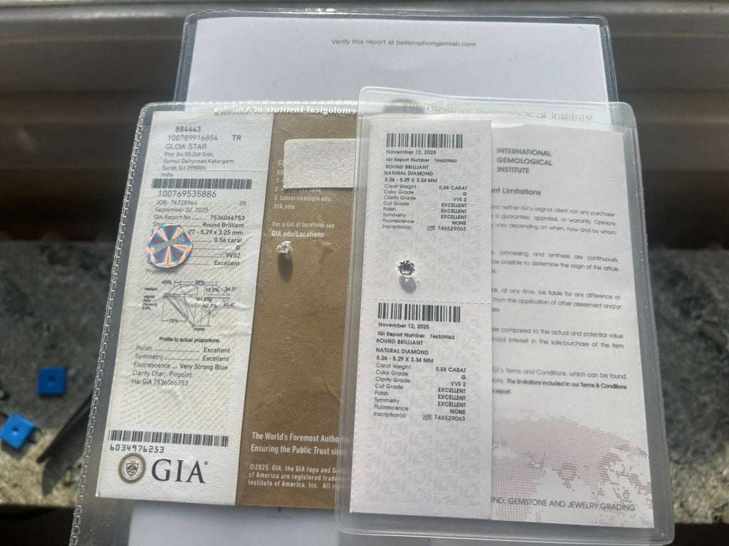 MATCHING PAIR – 1.14 CT TOTAL WEIGHT · ROUND BRILLIANT · G / VVS2 · GIA & IGI CERTIFIED · LASER-VERIFIED