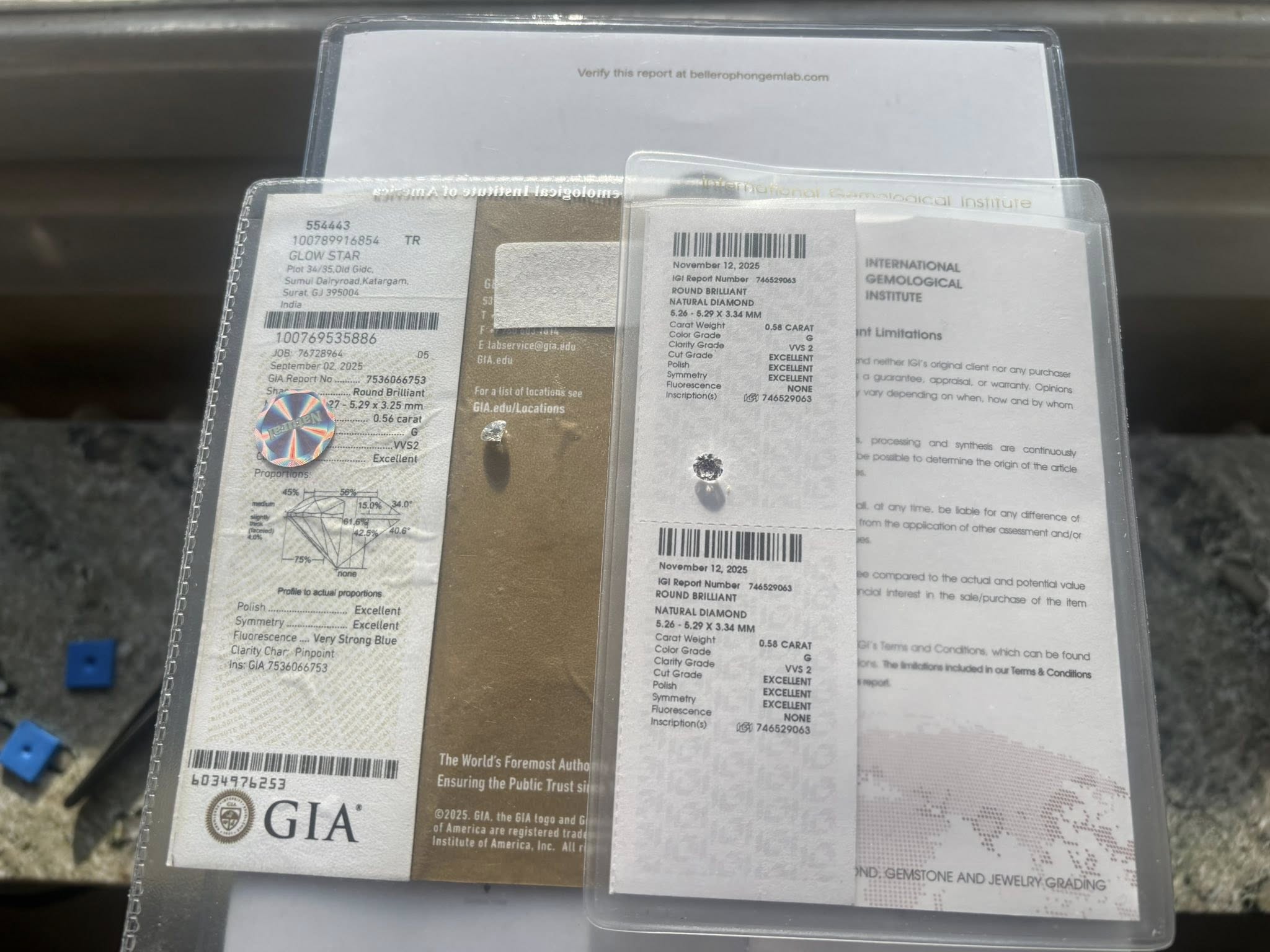 MATCHING PAIR – 1.14 CT TOTAL WEIGHT · ROUND BRILLIANT · G / VVS2 · GIA & IGI CERTIFIED · LASER-VERIFIED