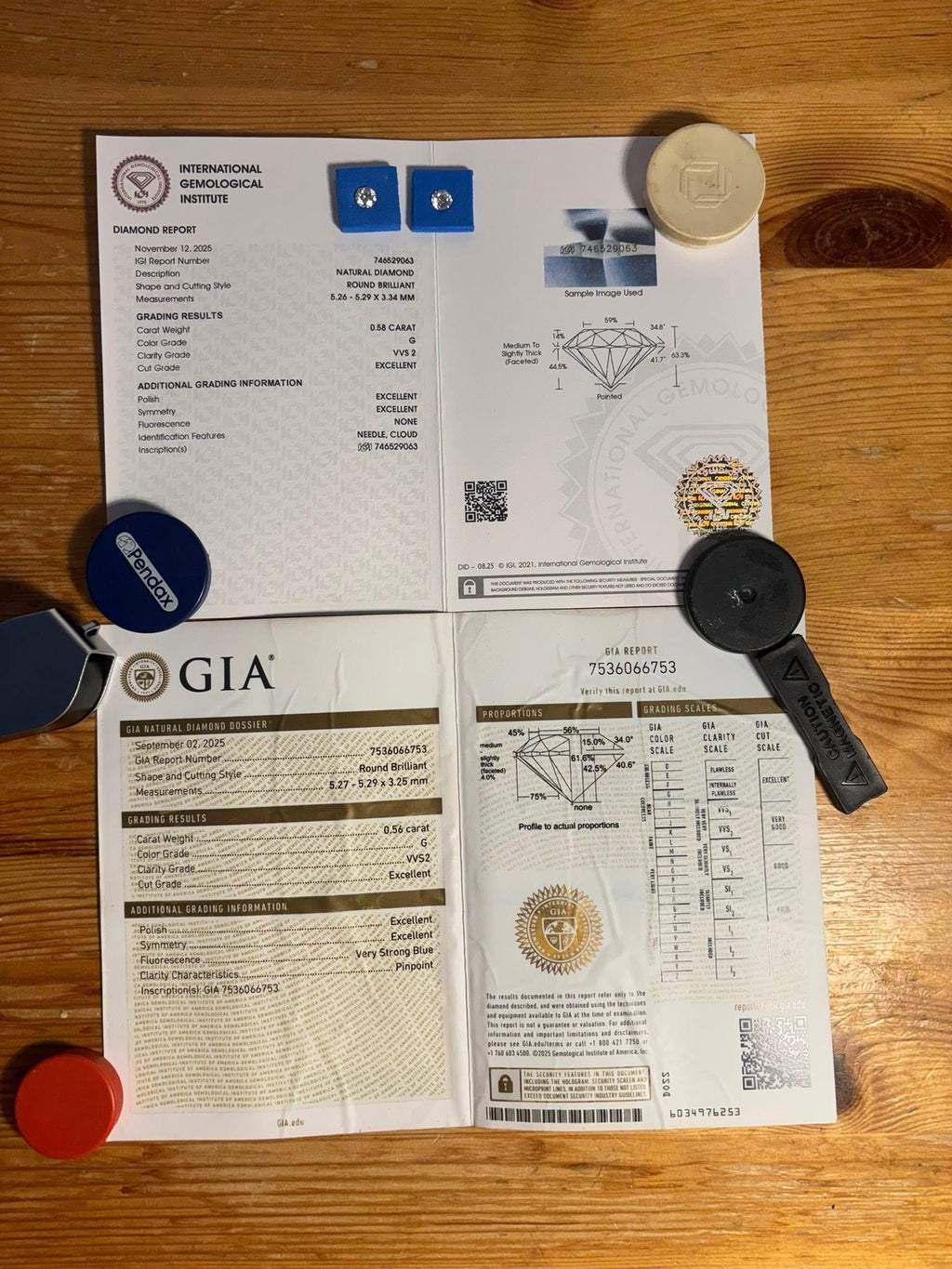 MATCHING PAIR – 1.14 CT TOTAL WEIGHT · ROUND BRILLIANT · G / VVS2 · GIA & IGI CERTIFIED · LASER-VERIFIED