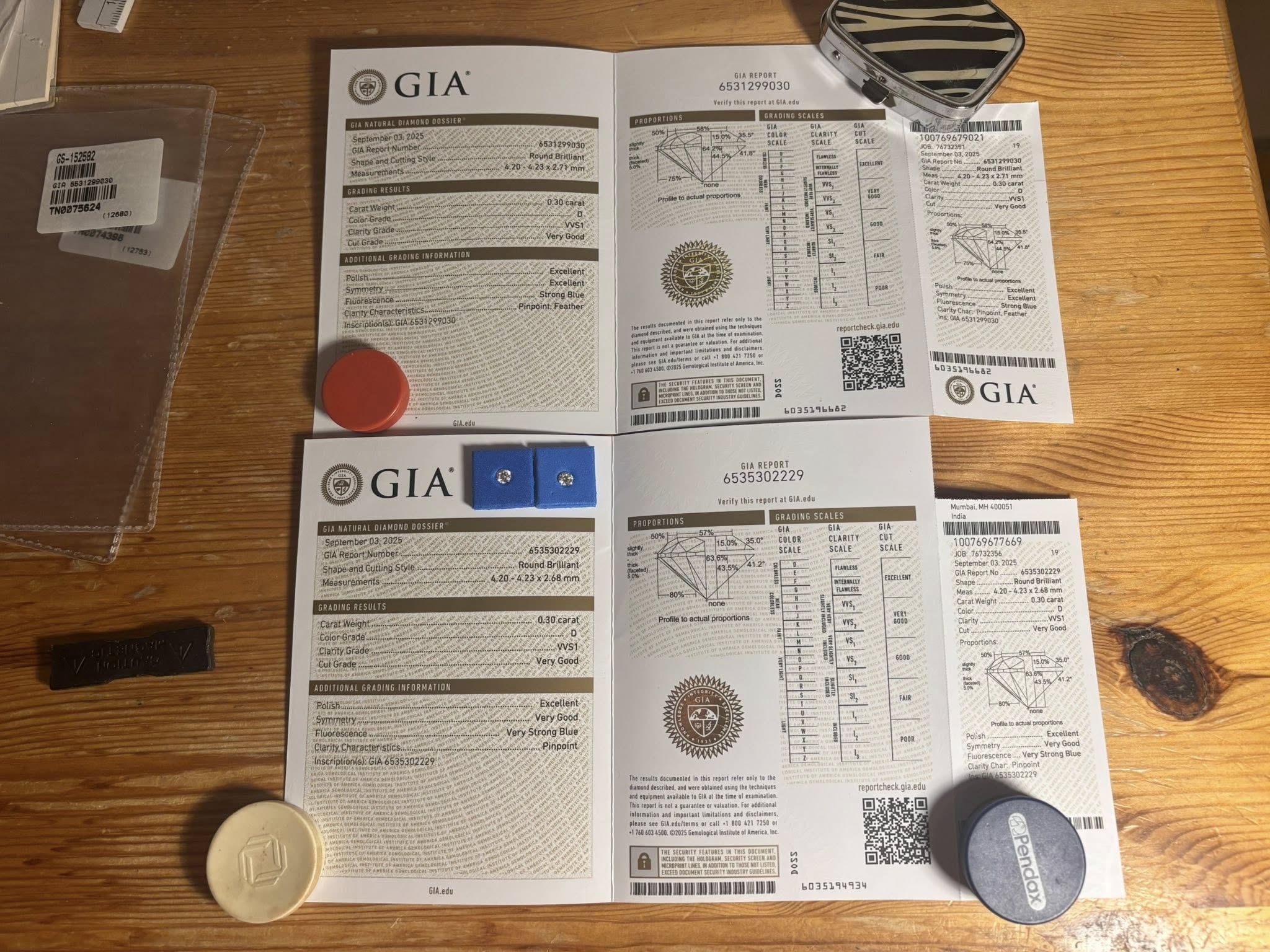 Matching Pair Natural Diamonds – 0.60 ct Total (0.30 ct Each) – Round Brilliant – D / VVS1 – GIA Certified & Laser Inscribed