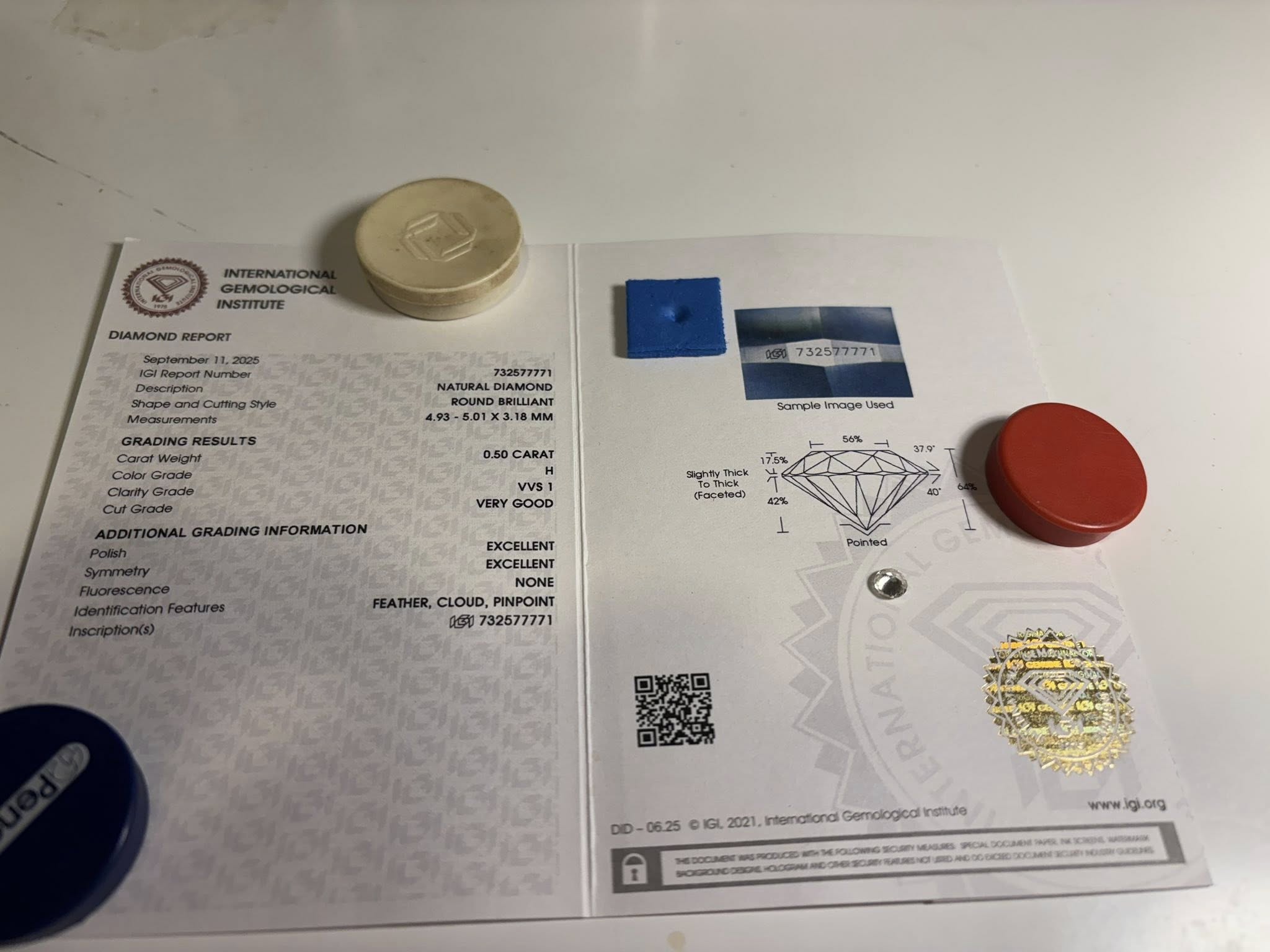 NATURAL DIAMOND – 0.50 CT ROUND BRILLIANT · H / VVS1 · IGI CERTIFIED · LASER-VERIFIED